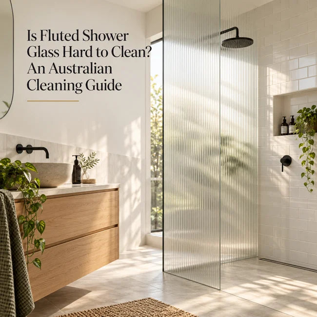 Frameless fluted reeded glass shower screen in a modern Australian bathroom with matte black fixtures and natural light