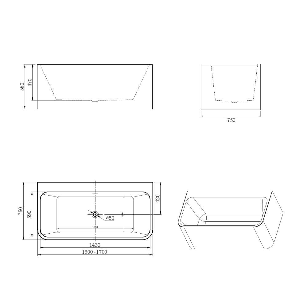 ELEGANT SHOWERS Bathroom Square Freestanding Bath tub Acrylic-1500/1700x750x580mm - Elegantshowers