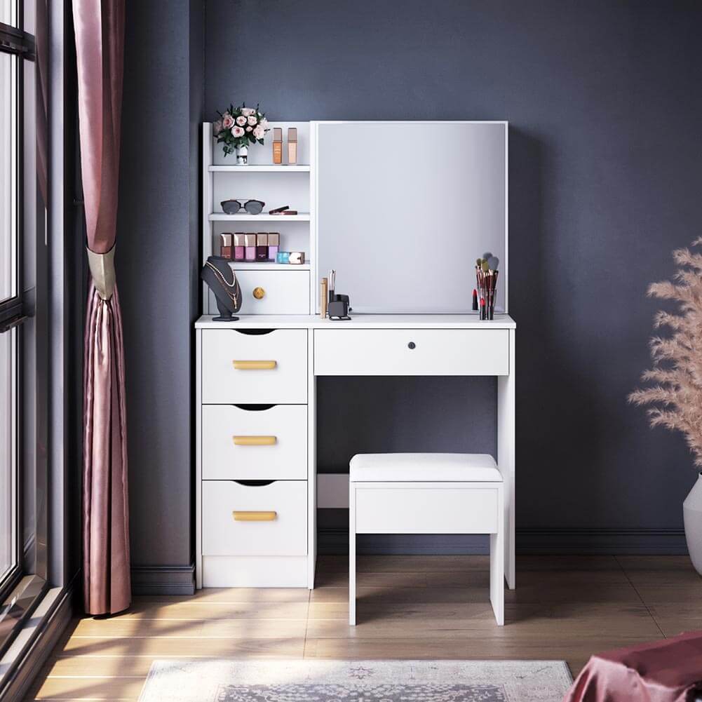 Dressing Table Stool Mirror Jewellery Cabinet Makeup Storage Drawer White - Elegantshowers