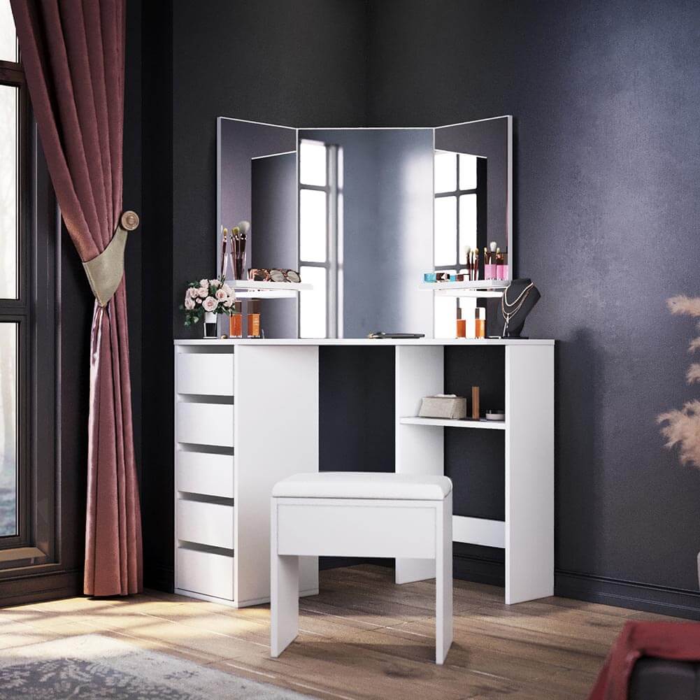 Corner Dressing Table With Mirror Stool Set Makeup Storage Cabinet Organize - Elegantshowers