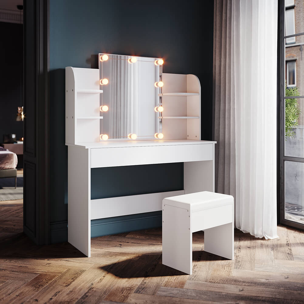 White Dressing Table Lighting Vanity Mirror Dresser Bedroom Furniture Makeup - Elegantshowers