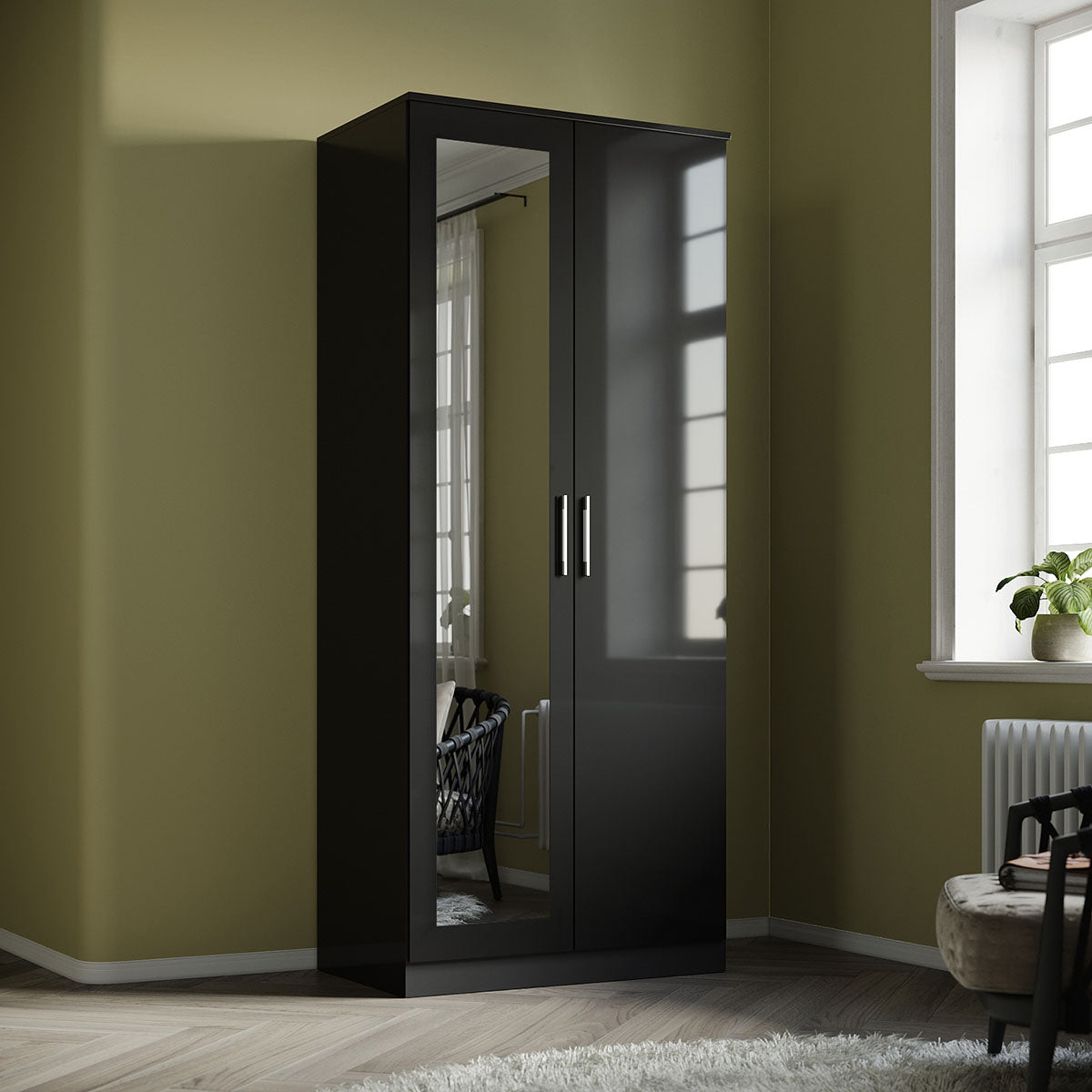 2 Door Wardrobe With Mirror High Gloss Large Storage Cupboard Furniture - Elegant Showers AU