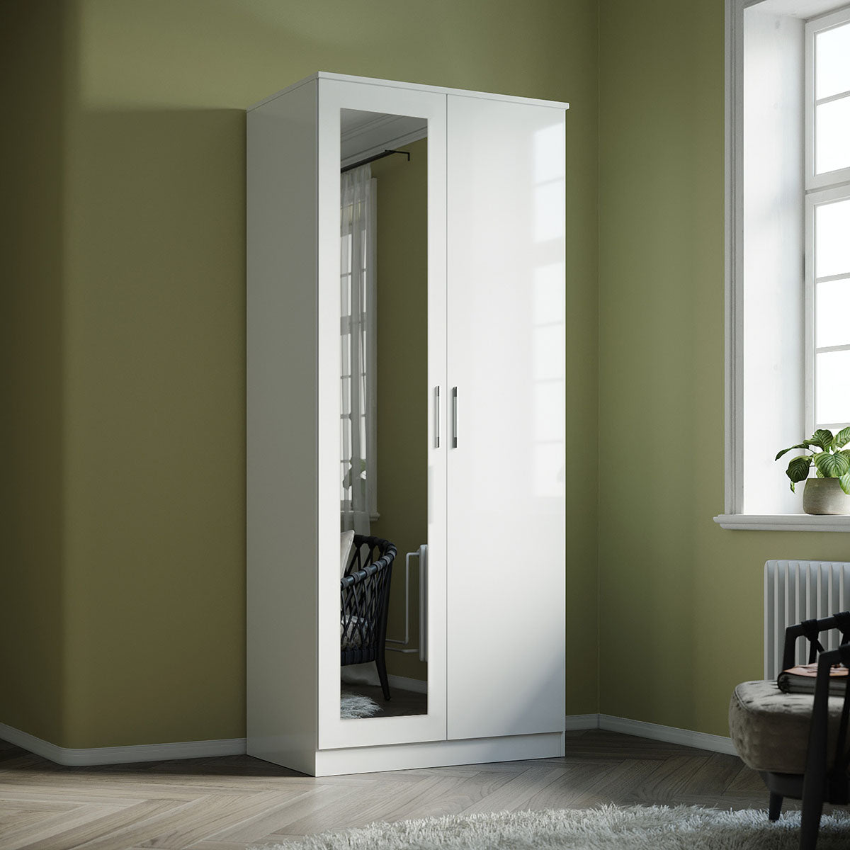 2 Door Wardrobe With Mirror High Gloss Large Storage Cupboard Furniture - Elegant Showers AU