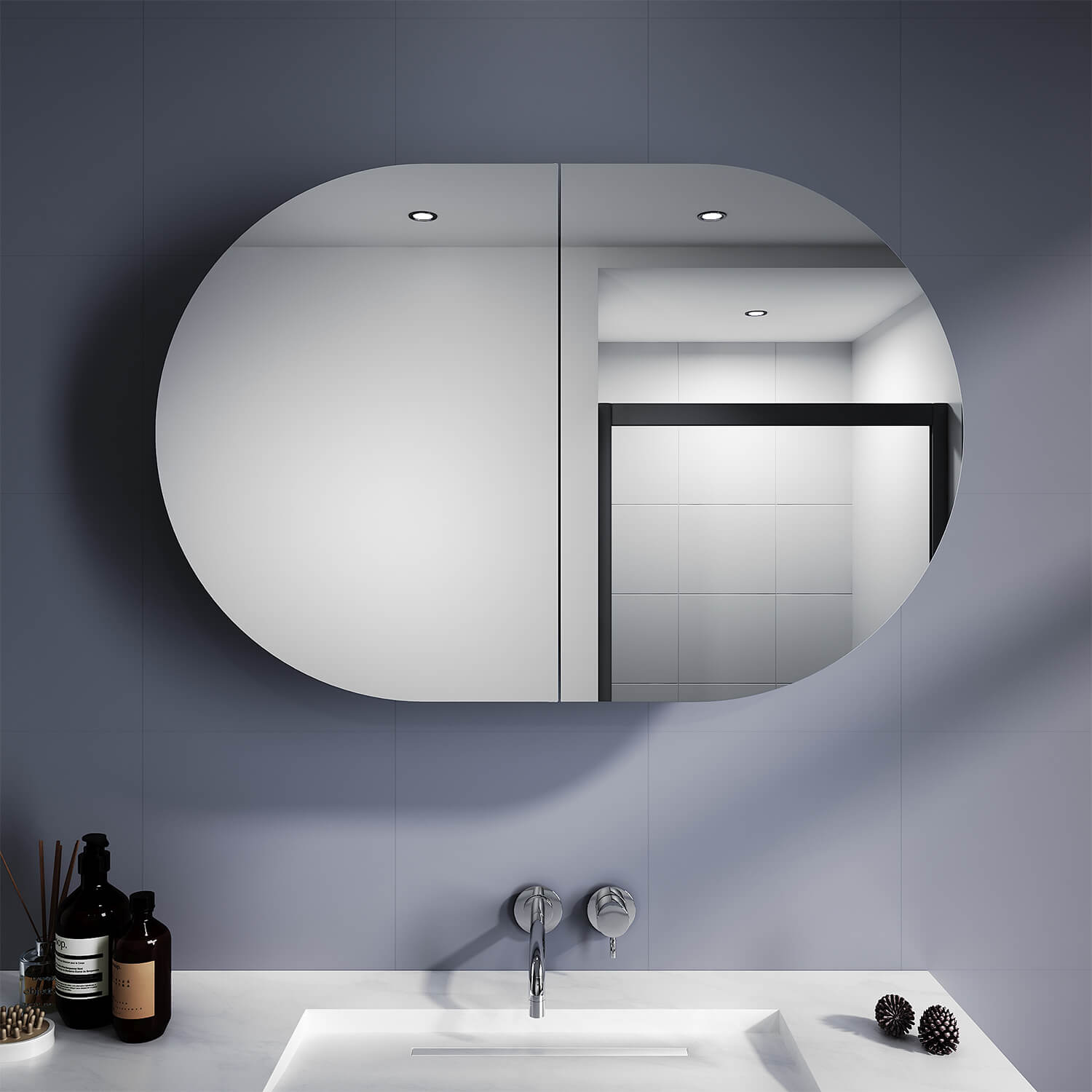 White 900x600mm Oval Mirror Cabinet Medicine Shaving Bathroom Wall Hun