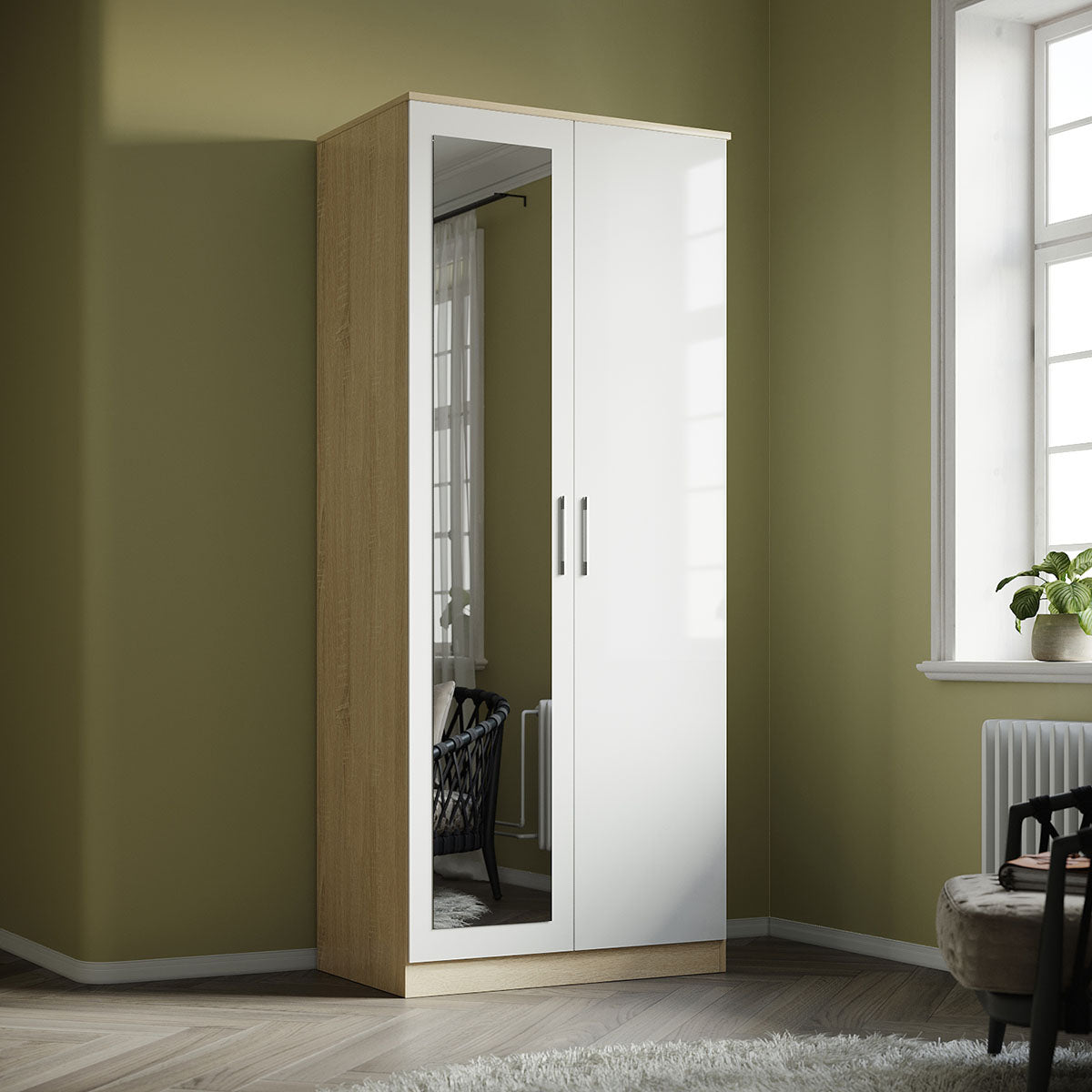 2 Door Wardrobe With Mirror High Gloss Large Storage Cupboard Furniture - Elegant Showers AU