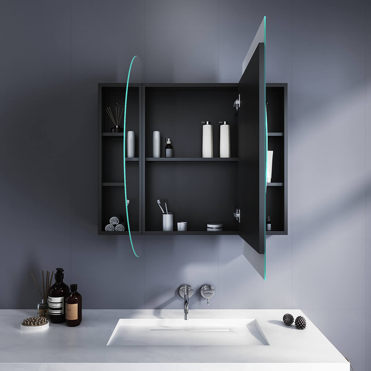 Oval Mirror Cabinet Medicine Shaving Bathroom Wall Hung or In-wall 1200x750mm Black - Elegant Showers AU