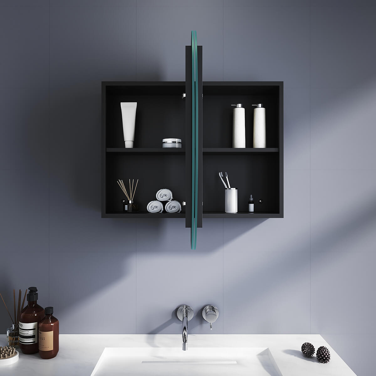 Oval Mirror Cabinet Medicine Shaving Bathroom Wall Hung or In-wall 900x600mm Black - Elegant Showers AU