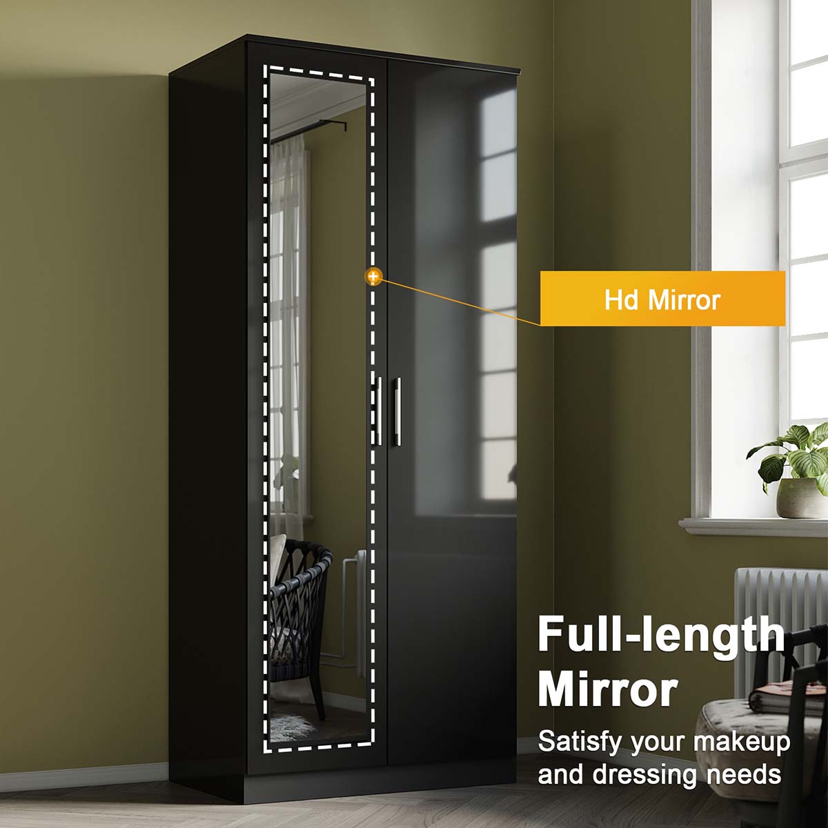 2 Door Wardrobe With Mirror High Gloss Large Storage Cupboard Furniture - Elegant Showers AU