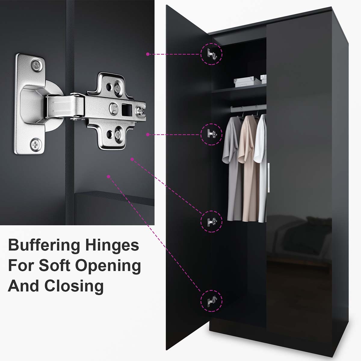 2 Door Wardrobe With Mirror High Gloss Large Storage Cupboard Furniture - Elegant Showers AU