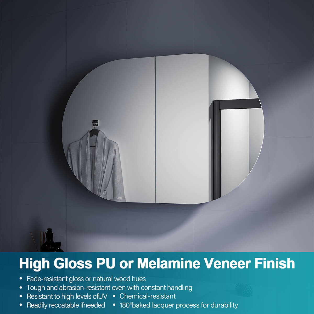 Oval Mirror Cabinet Medicine Shaving Bathroom Wall Hung or In-wall 900x600mm Black - Elegant Showers AU