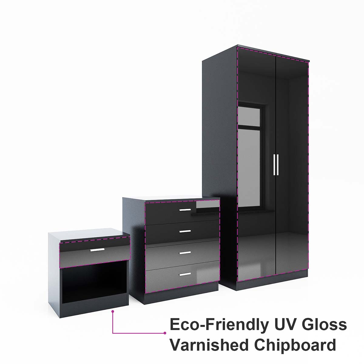 2 Door Wardrobe With Mirror High Gloss Large Storage Cupboard Furniture - Elegant Showers AU