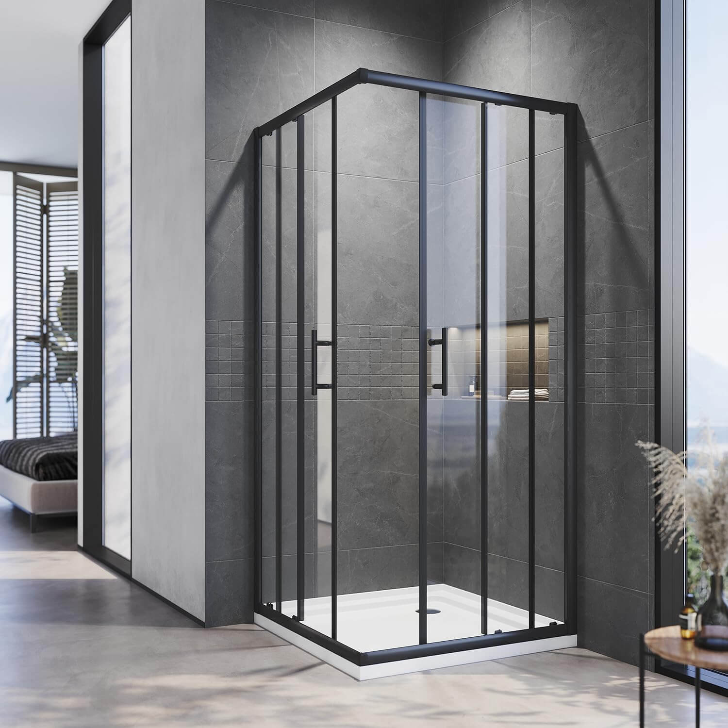 Black Framed Corner Rectangular Shower Enclosure with 2 Sliding Doors - half open