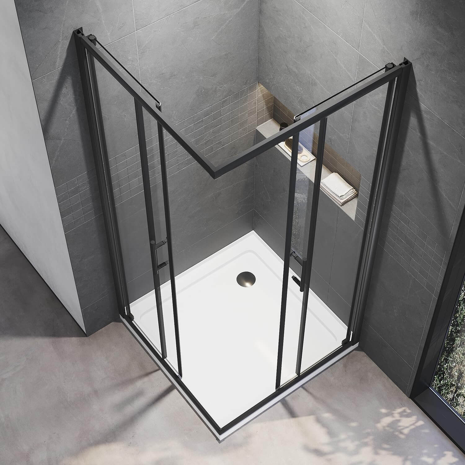 Black Framed Corner Rectangular Shower Enclosure with 2 Sliding Doors - top view