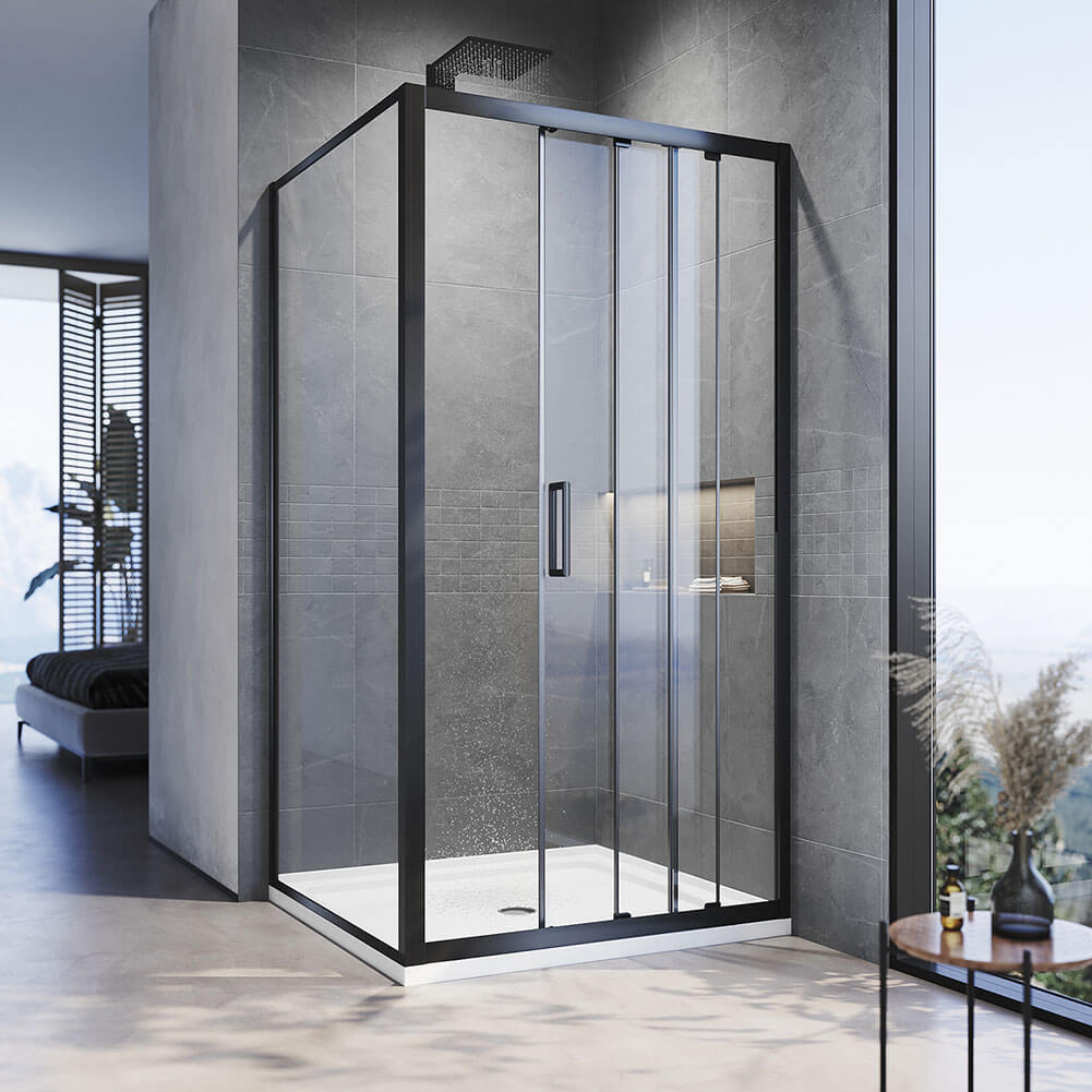 Black 3 Panel Sliding Door with Side panel Shower Enclosure - Elegantshowers