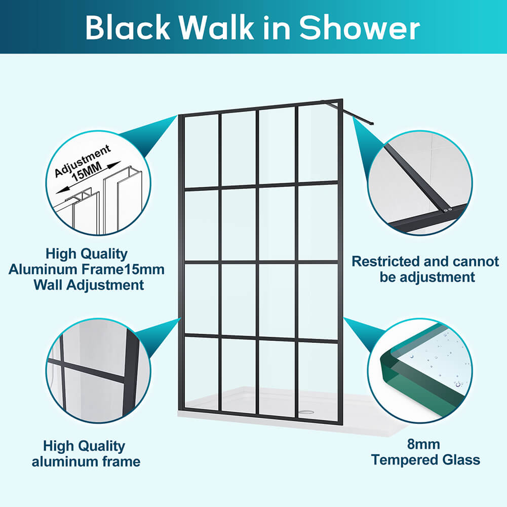 Black Framed Walk in Shower Screen 8mm Tempered Glass Fixed Panel 1000/1100/1200 - Elegant Showers AU