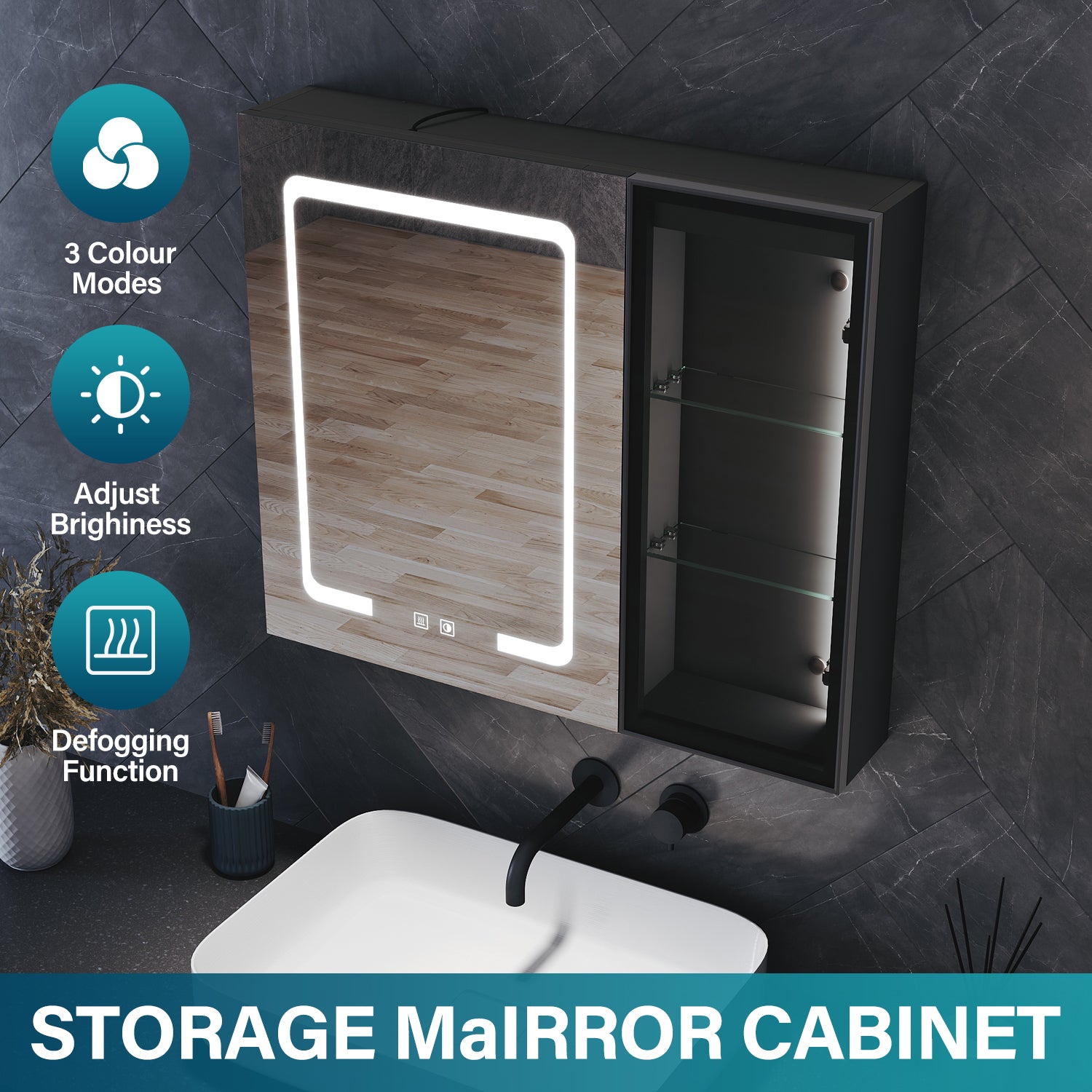 Bathroom cabinet with integrated mood lighting and glass shelves, Black Hemp, 700x600x125mm