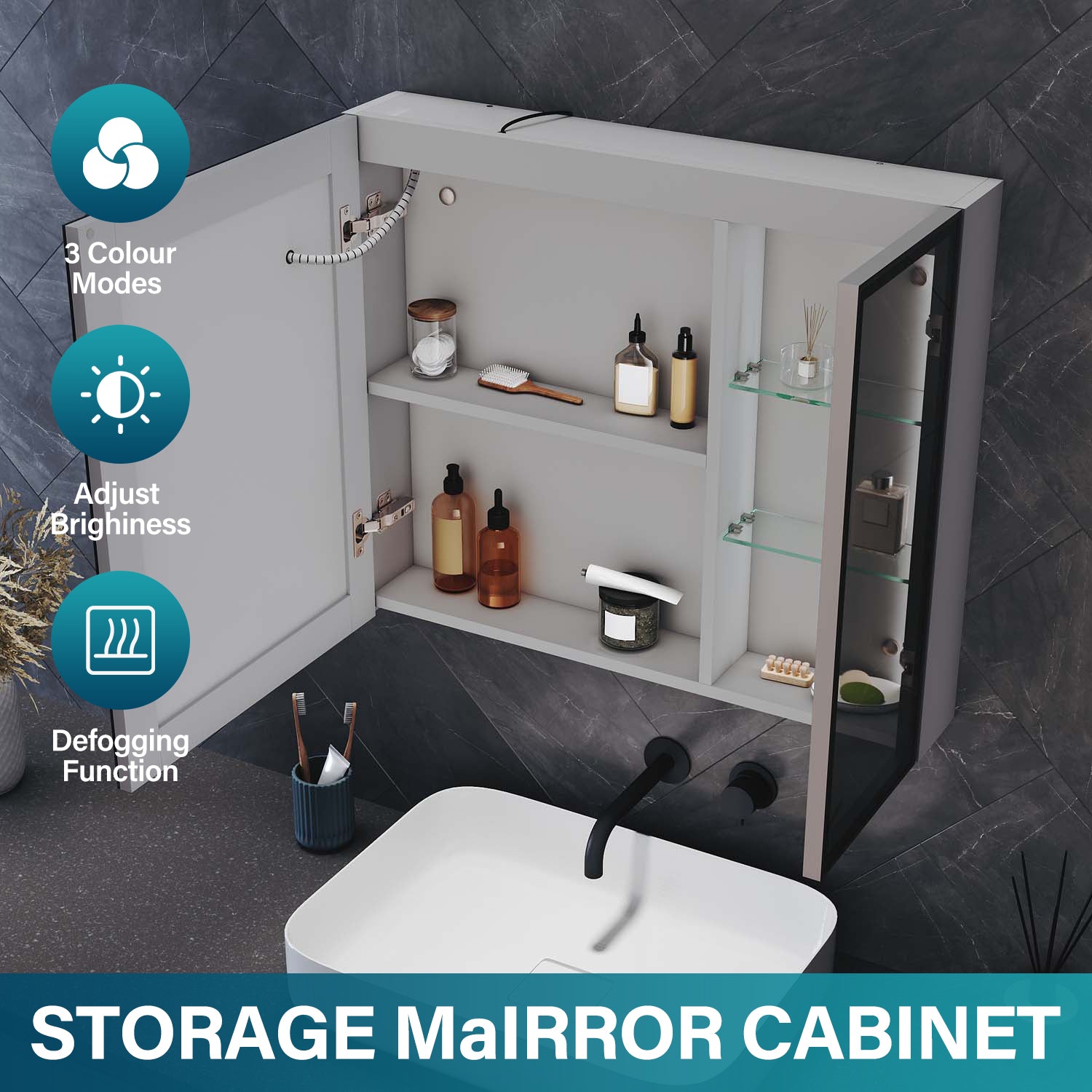 Bathroom cabinet with integrated mood lighting and glass shelves, Moroccan Gray, 700x600x125mm