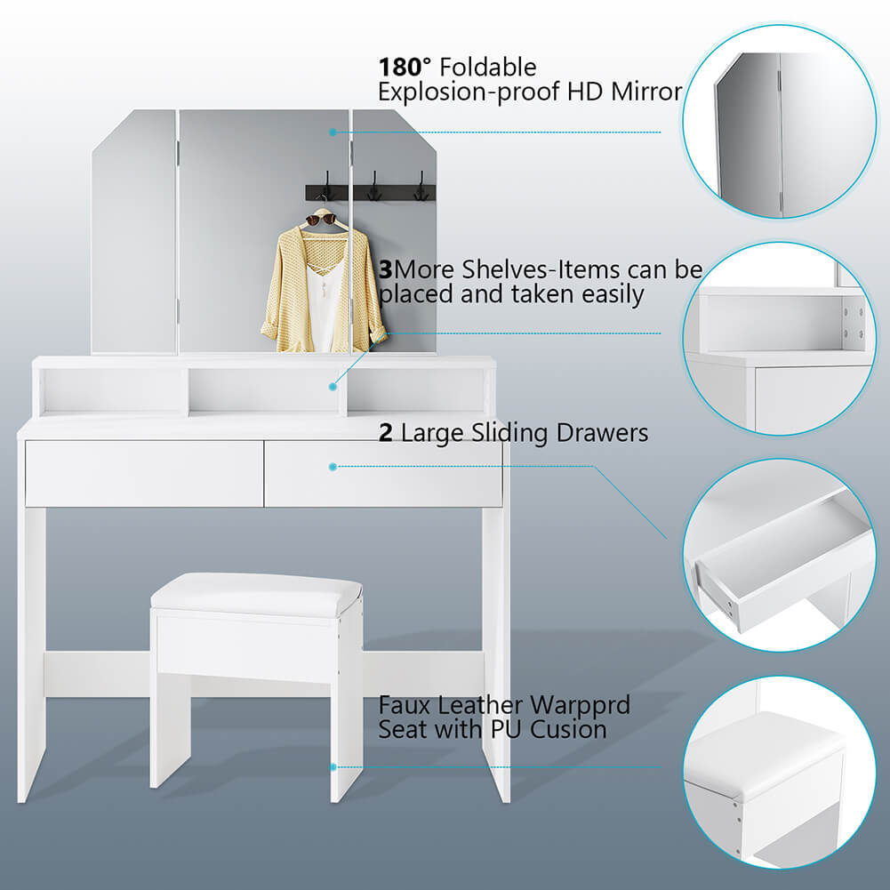 Dressing Table Mirror Stool Set Girls Vanity Makeup Desk Drawer Organizer White - Elegantshowers