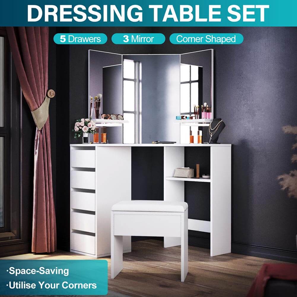 Corner Dressing Table With Mirror Stool Set Makeup Storage Cabinet Organize - Elegantshowers