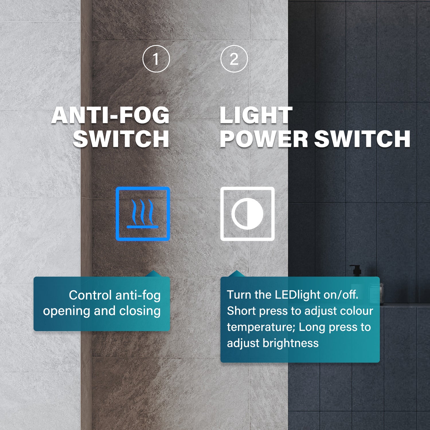 Bathroom cabinet with integrated mood lighting and glass shelves, Moroccan Gray, 700x600x125mm