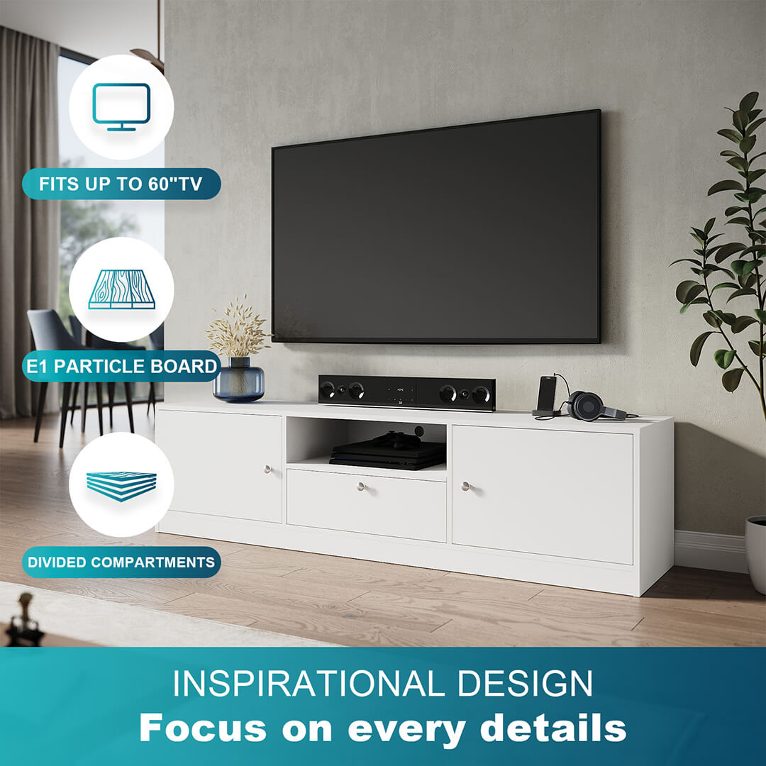1600mm White TV Cabinet Entertainment Unit Stand with 1 open storage & 3 closed storage - Elegant Showers AU
