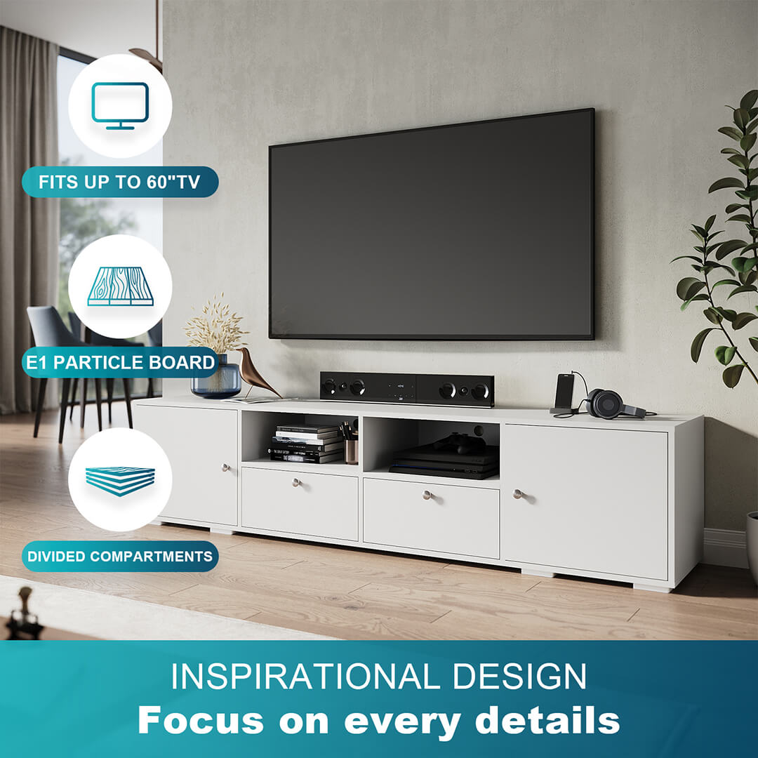 1800mm White TV Cabinet Entertainment Unit Stand with 2 open storage & 4 closed storage - Elegant Showers AU