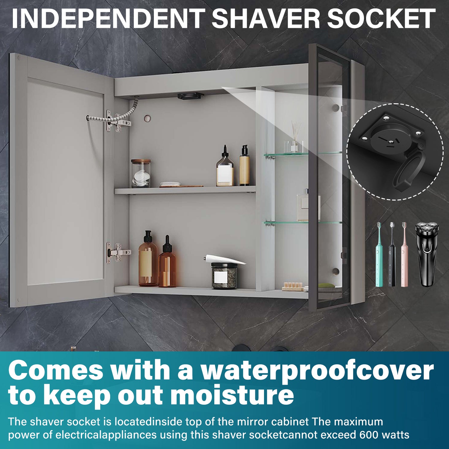 Bathroom cabinet with integrated mood lighting and glass shelves, Moroccan Gray, 700x600x125mm