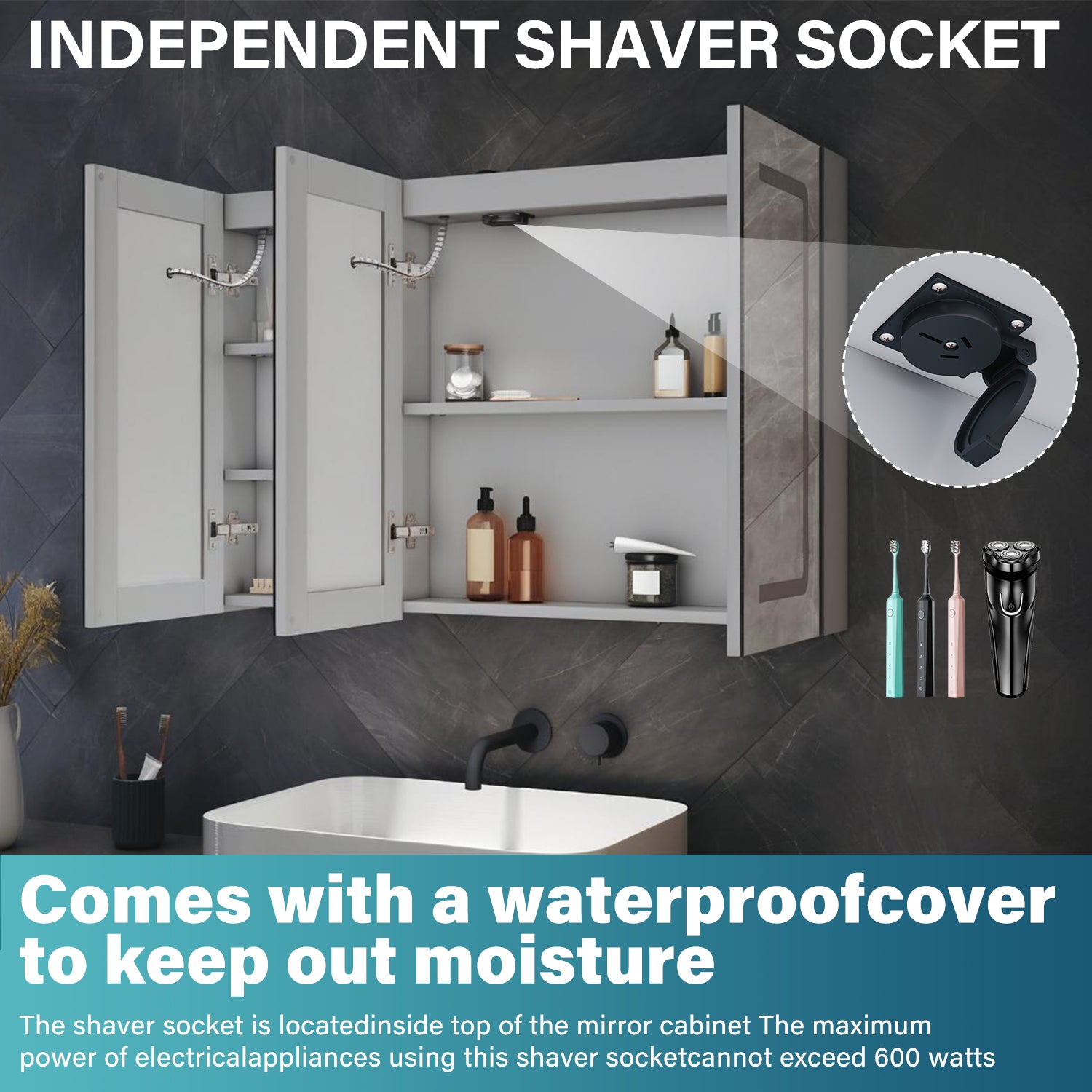 Three-door LED anti-fog bathroom cabinet, Moroccan Gray, 900x600x125mm