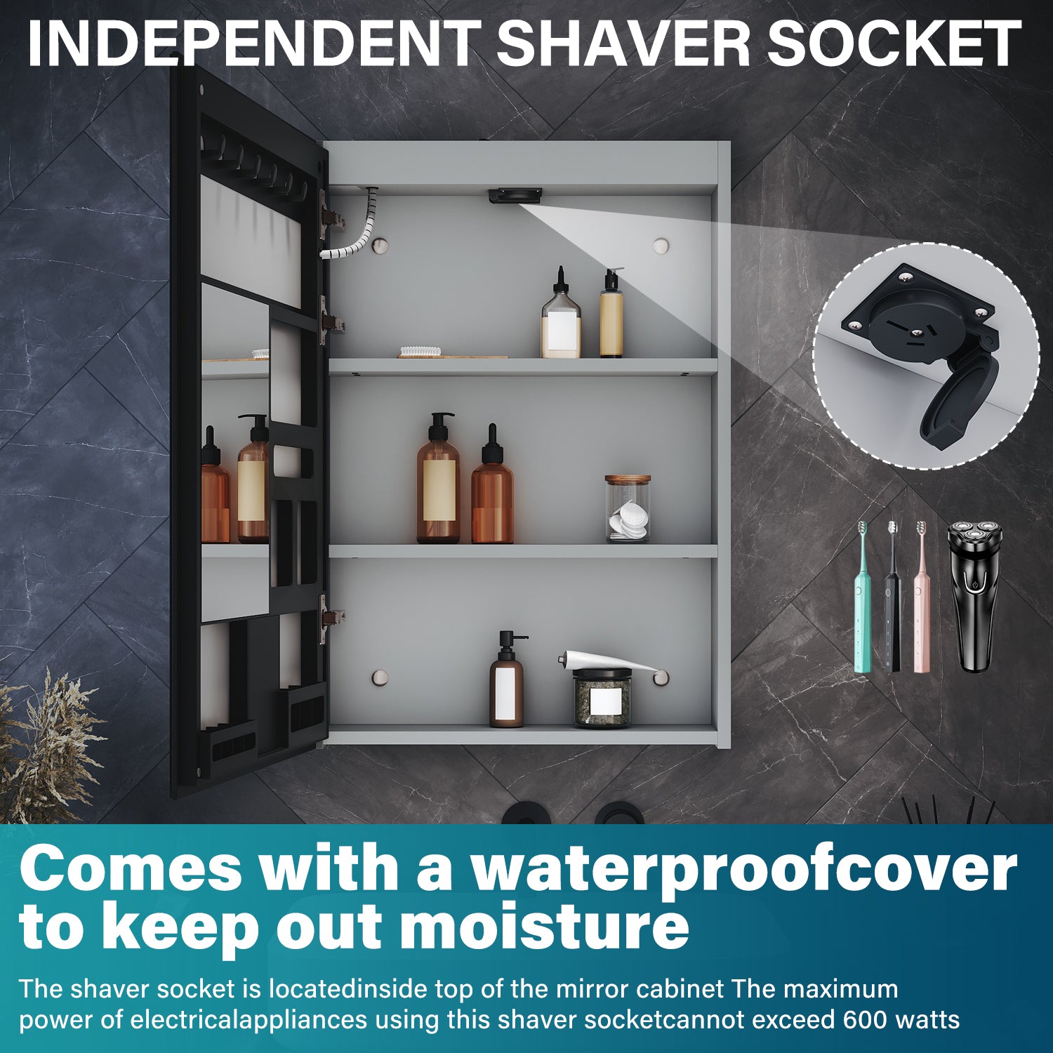 Single-door grey wooden mirror cabinet with cosmetic shelf 485x700x130mm