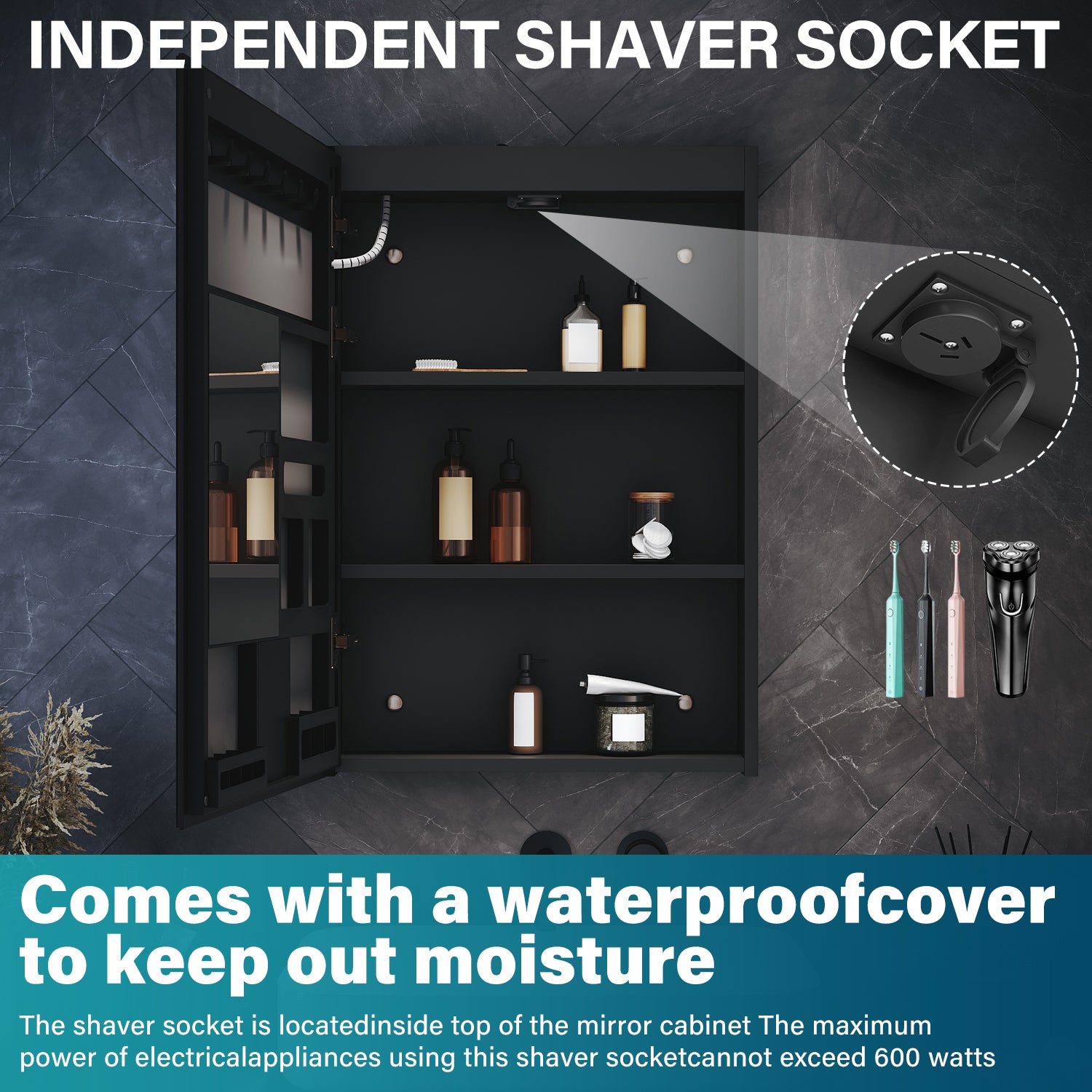 LED Bathroom Cabinet with Makeup Storage Shelf, color Hemp Black , 485x700x130mm