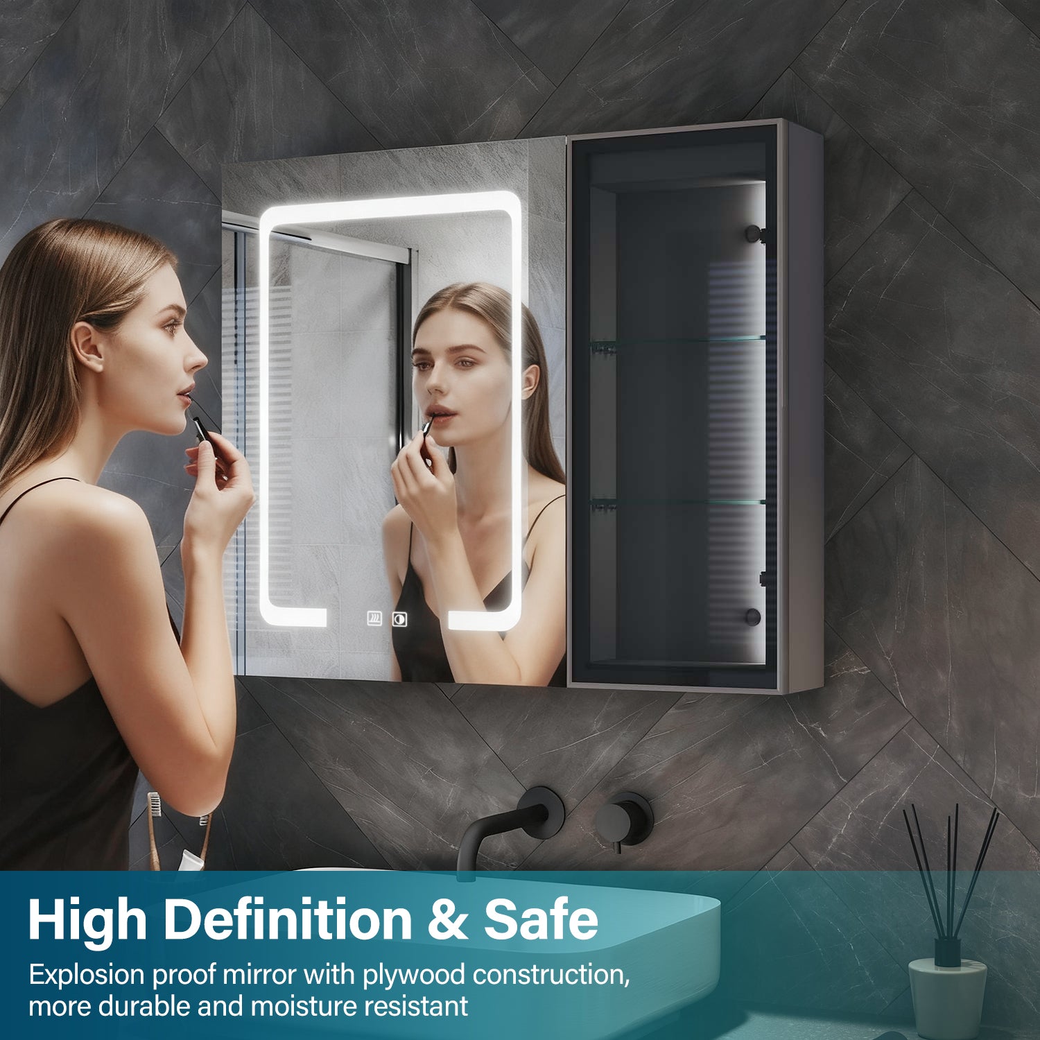 Bathroom cabinet with integrated mood lighting and glass shelves, Moroccan Gray, 700x600x125mm