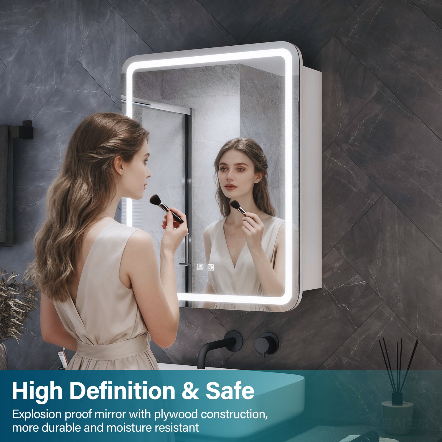 LED bathroom wall cabinet with tissue box, Urban Beige, 550x700x150mm