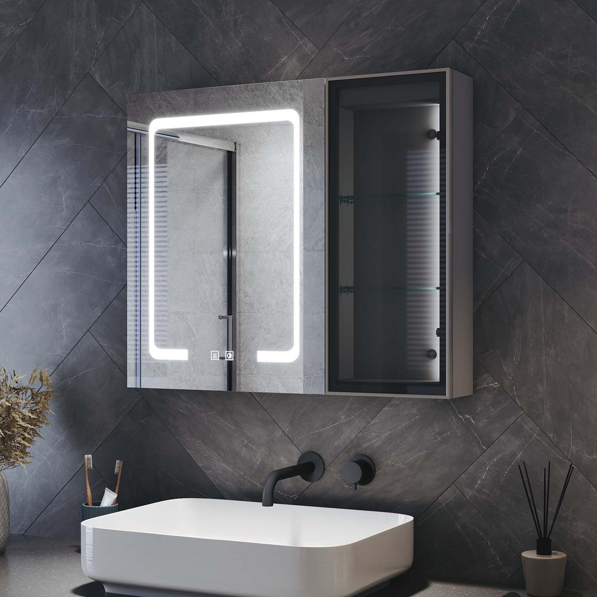 Bathroom cabinet with integrated mood lighting and glass shelves, Moroccan Gray, 700x600x125mm