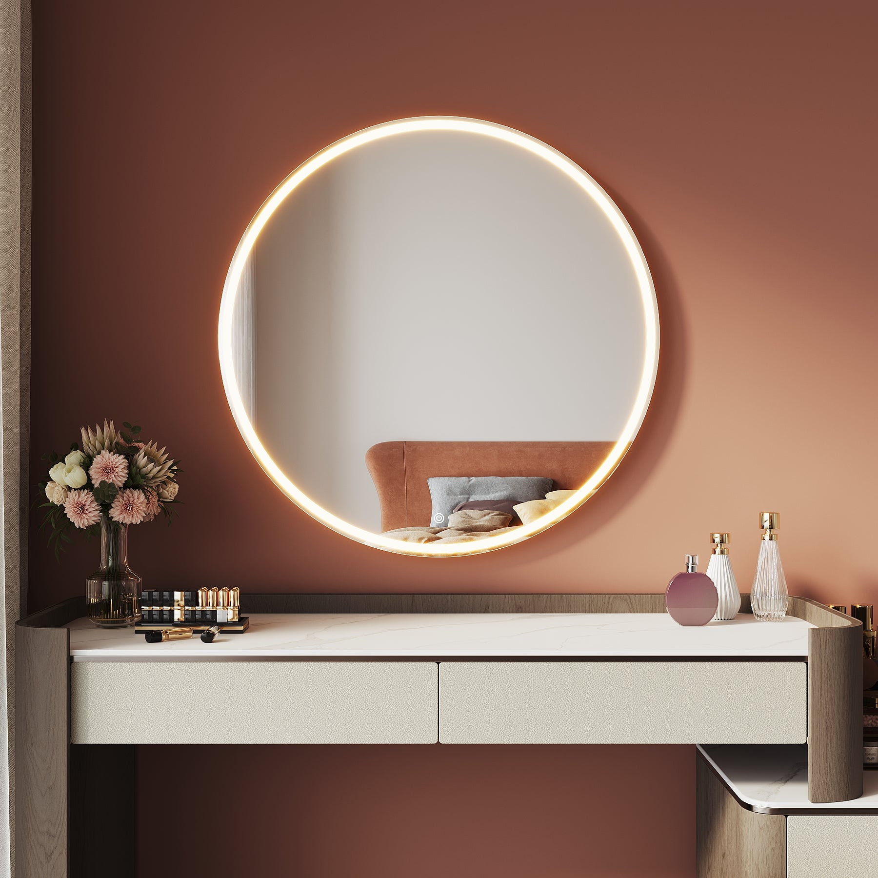 Round LED Vanity Mirror 800x800x30mm Wall Mount Or Tabletop Mirror with 3 Color Modes