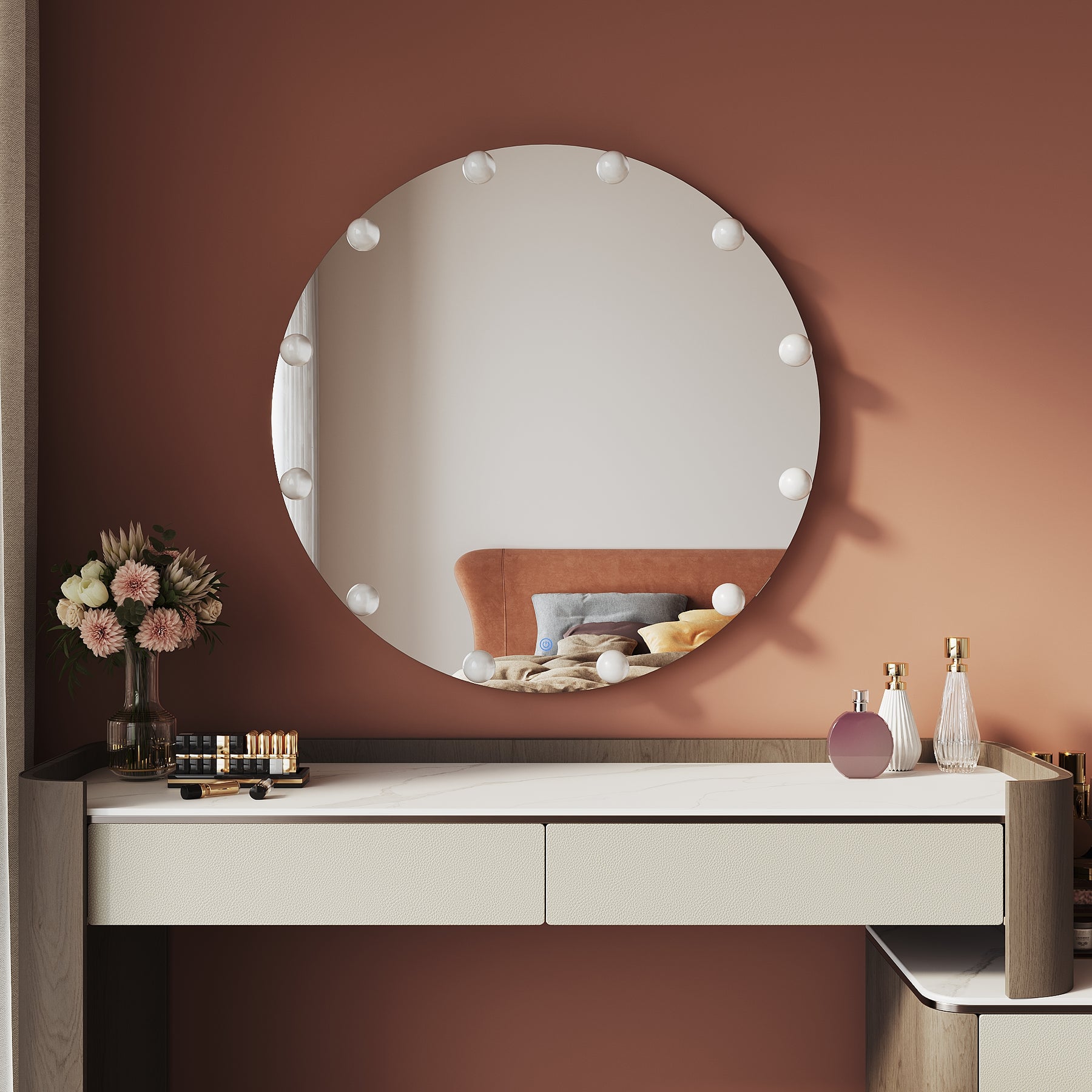 Round LED Vanity Mirror Wall Mount Or Tabletop Mirror with 3 Color Modes 800x800x35mm