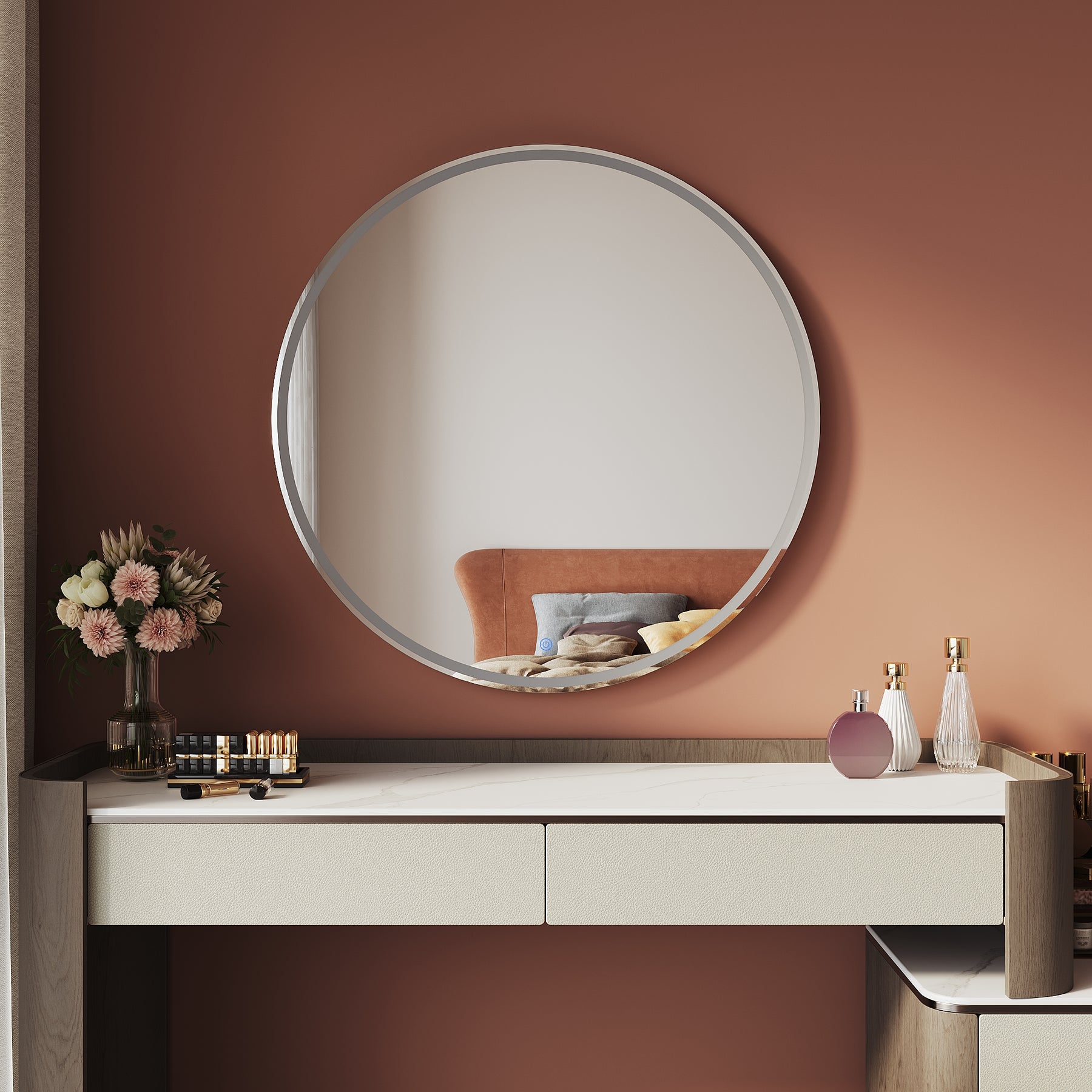 Round LED Vanity Mirror 800x800x30mm Wall Mount Or Tabletop Mirror with 3 Color Modes