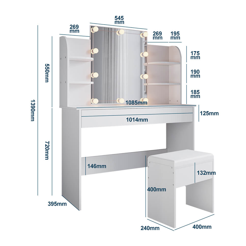 White Dressing Table Lighting Vanity Mirror Dresser Bedroom Furniture Makeup - Elegantshowers