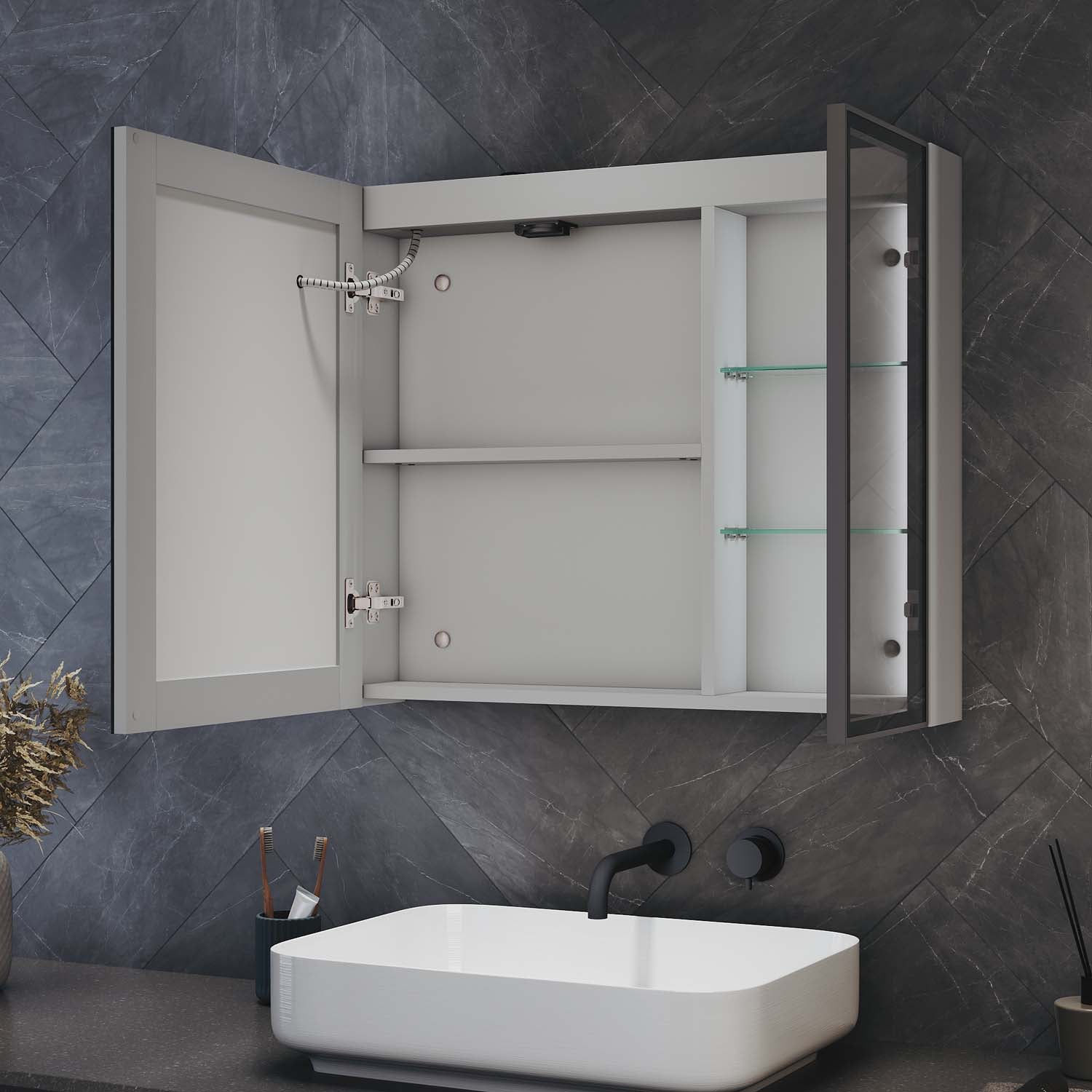 Bathroom cabinet with integrated mood lighting and glass shelves, Moroccan Gray, 700x600x125mm
