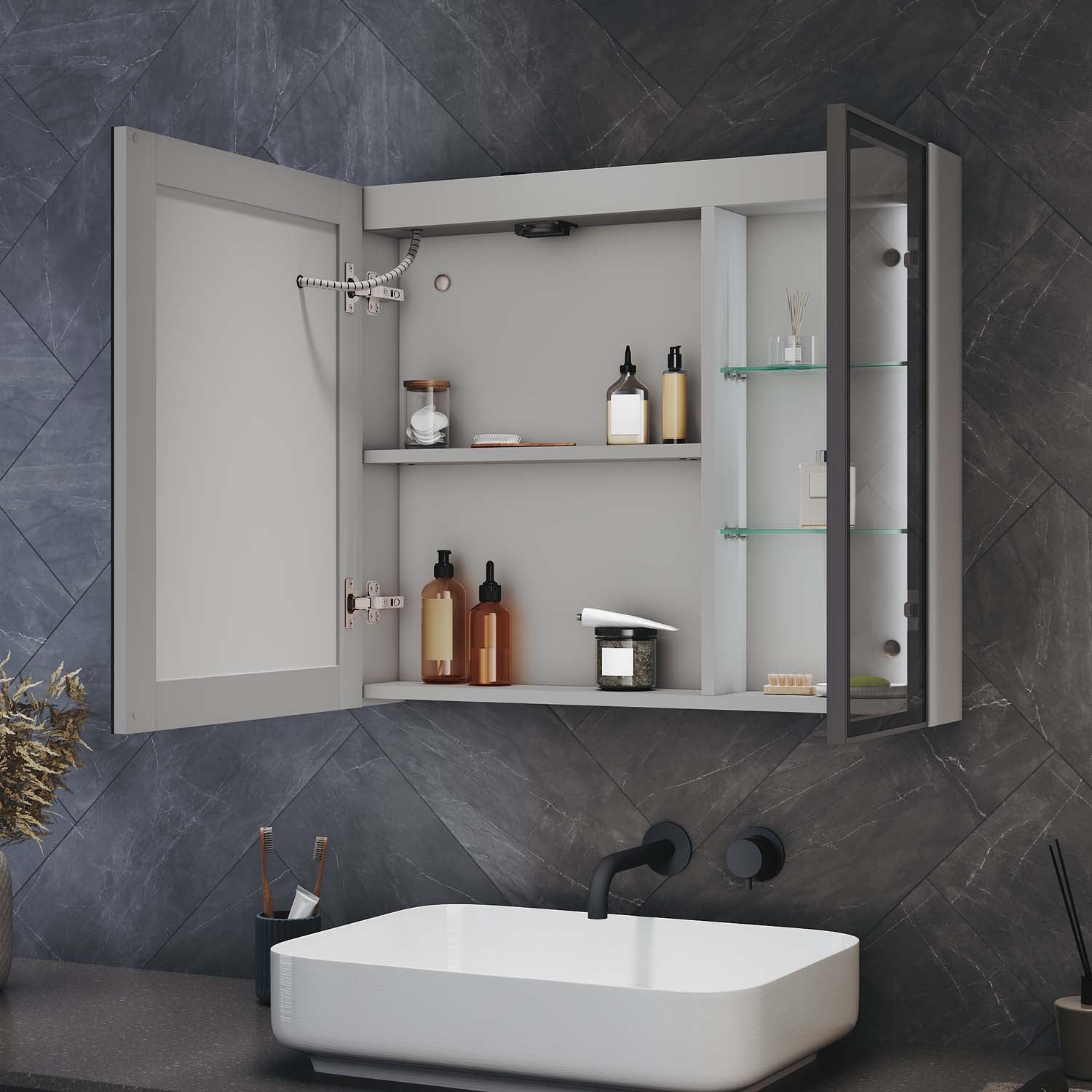 Bathroom cabinet with integrated mood lighting and glass shelves, Moroccan Gray, 700x600x125mm