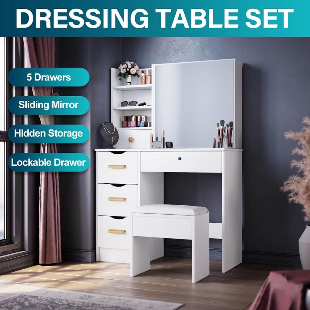 Dressing Table Stool Mirror Jewellery Cabinet Makeup Storage Drawer White - Elegantshowers