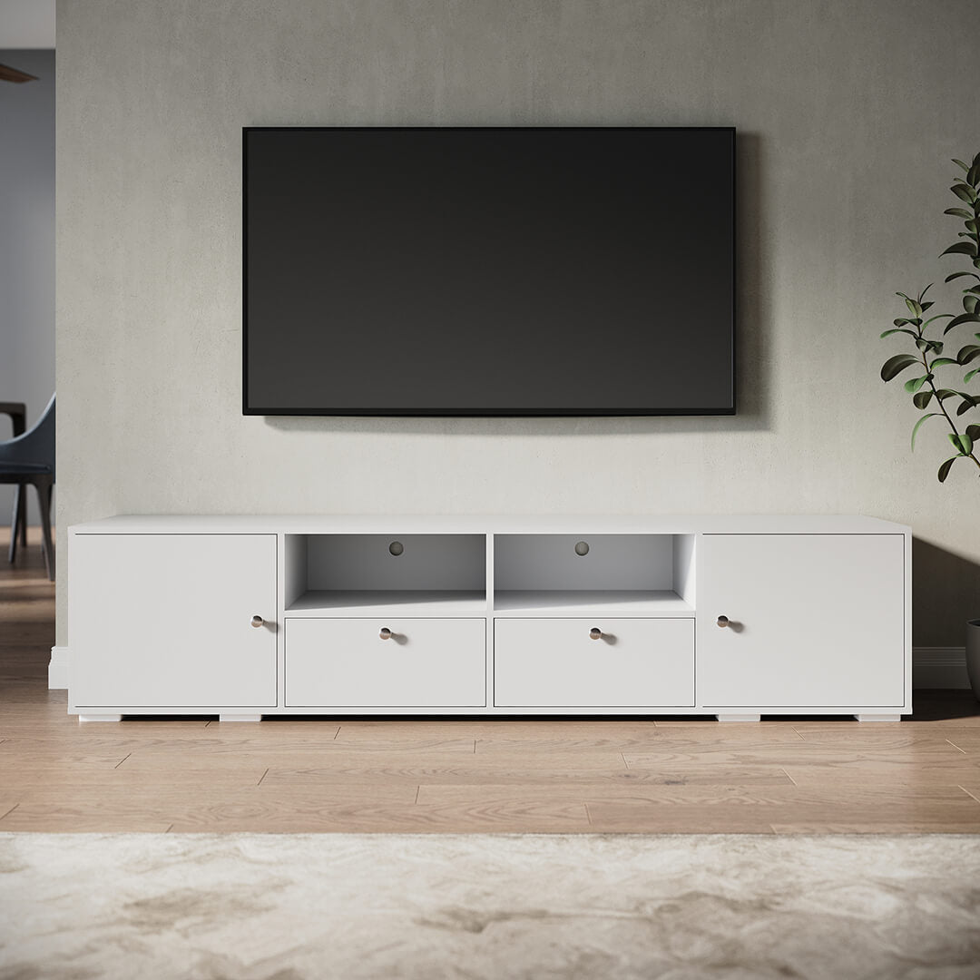 1800mm White TV Cabinet Entertainment Unit Stand with 2 open storage & 4 closed storage - Elegant Showers AU