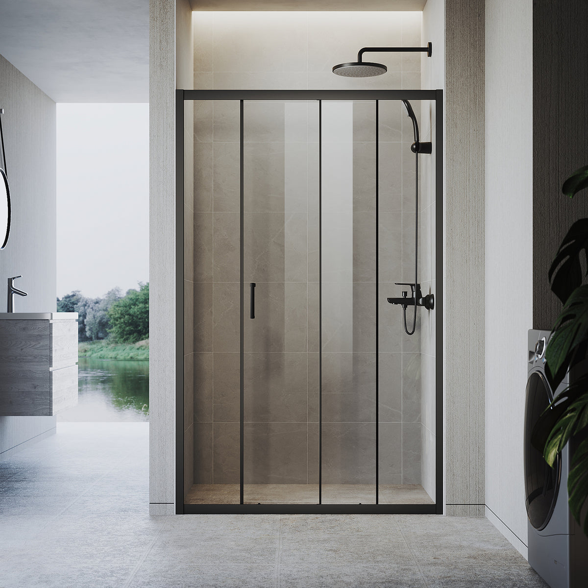 Sliding door shower enclosure, black framed, two-panel sliding shower screen