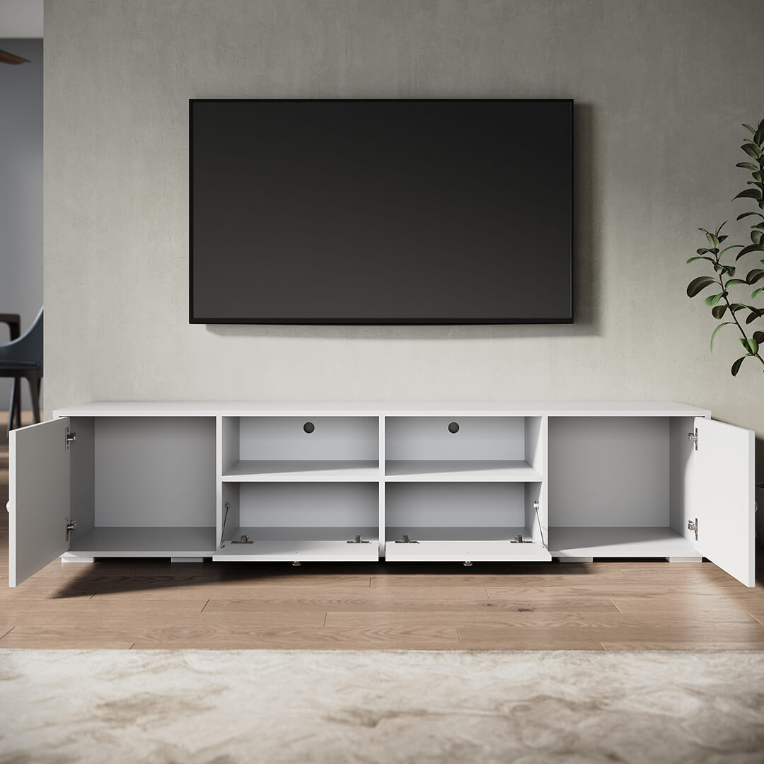 1800mm White TV Cabinet Entertainment Unit Stand with 2 open storage & 4 closed storage - Elegant Showers AU