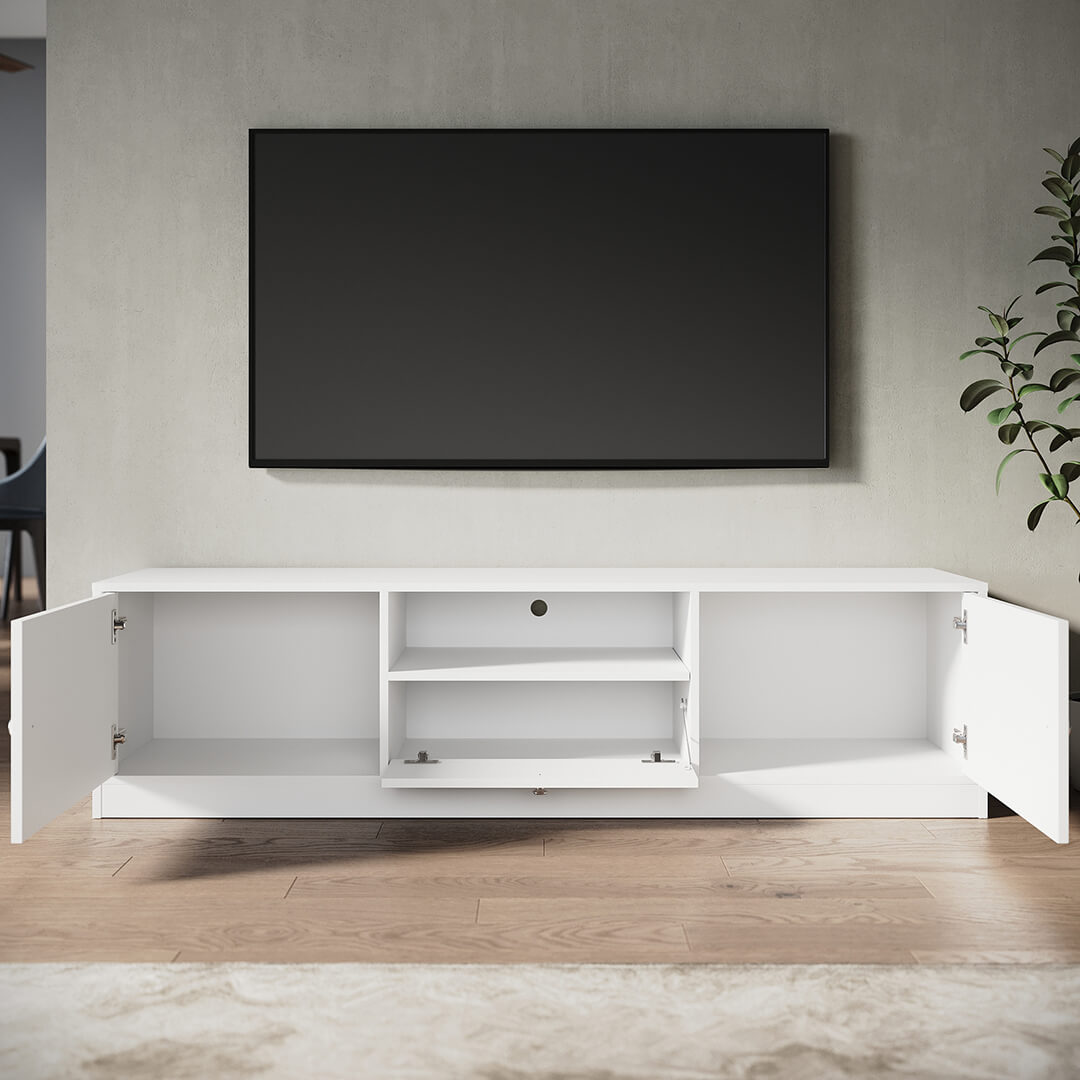 1600mm White TV Cabinet Entertainment Unit Stand with 1 open storage & 3 closed storage - Elegant Showers AU