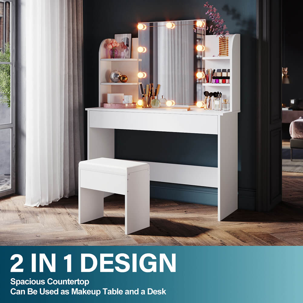 White Dressing Table Lighting Vanity Mirror Dresser Bedroom Furniture Makeup - Elegantshowers