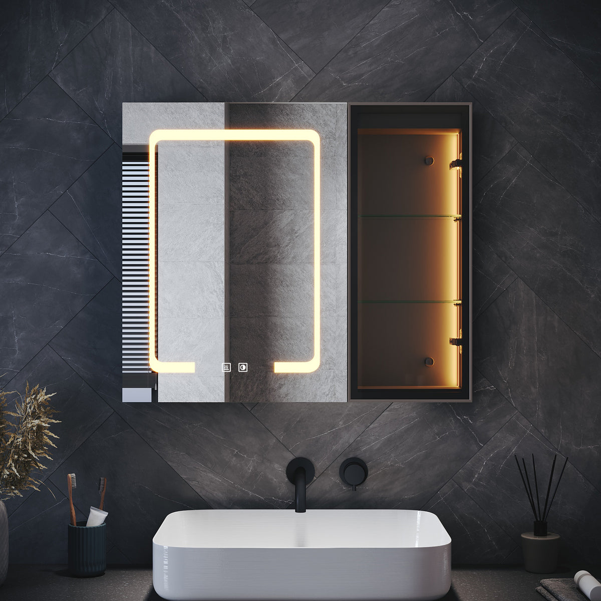 Bathroom cabinet with integrated mood lighting and glass shelves, Black Hemp, 700x600x125mm