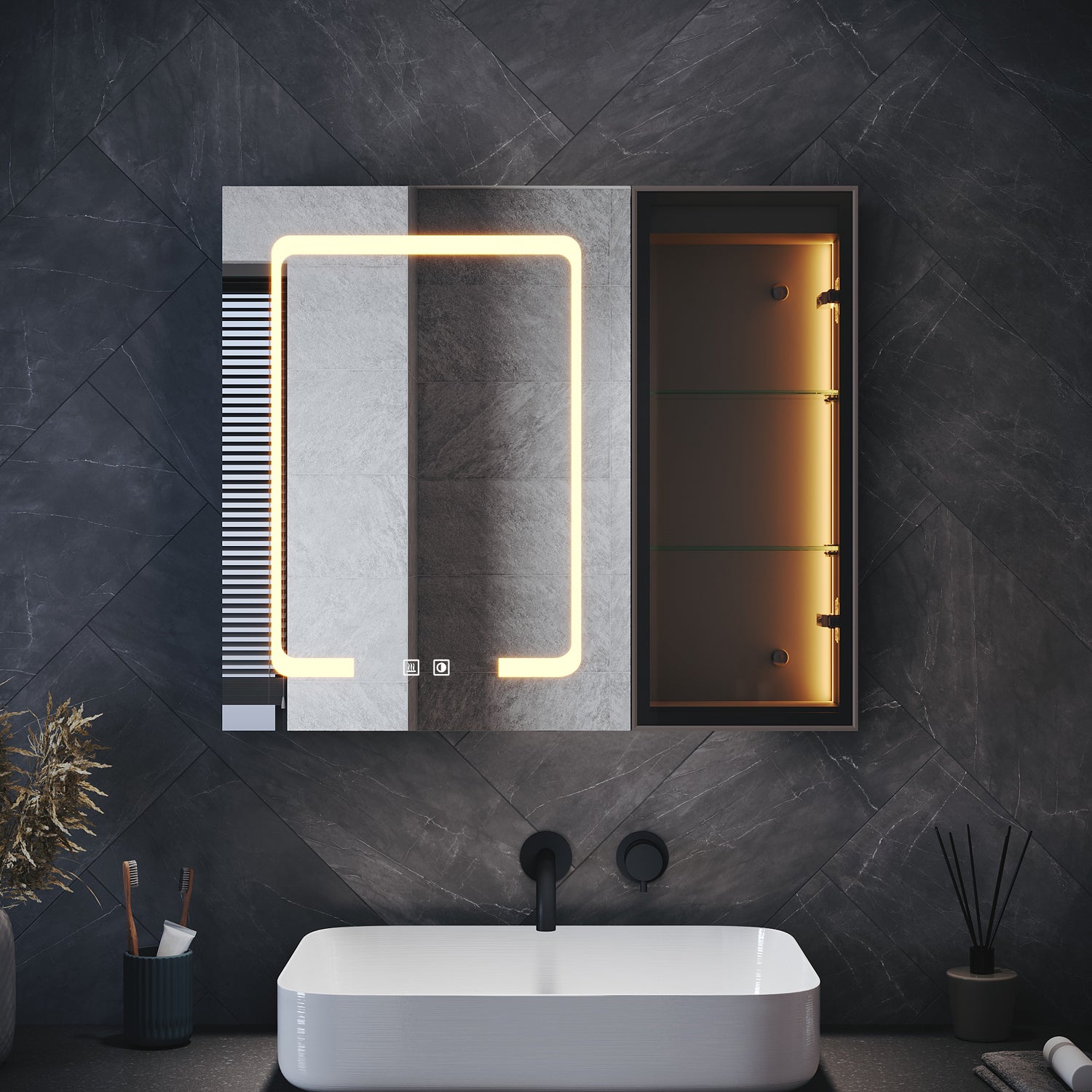 Bathroom cabinet with integrated mood lighting and glass shelves, Black Hemp, 700x600x125mm