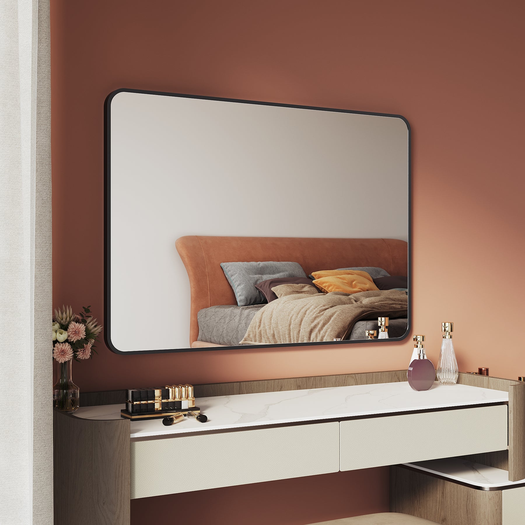 Makeup Mirror 1000x700x35mm, black frame, square wall mirror without light
