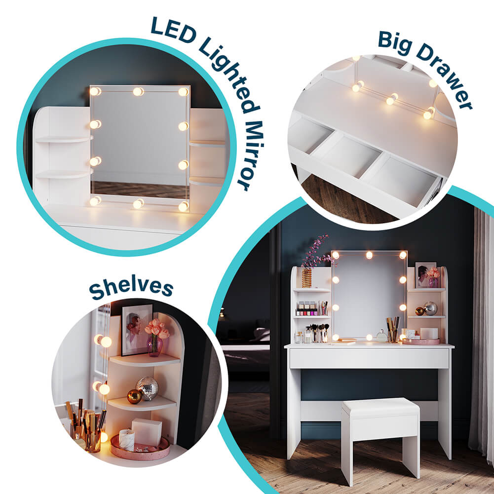White Dressing Table Lighting Vanity Mirror Dresser Bedroom Furniture Makeup - Elegantshowers