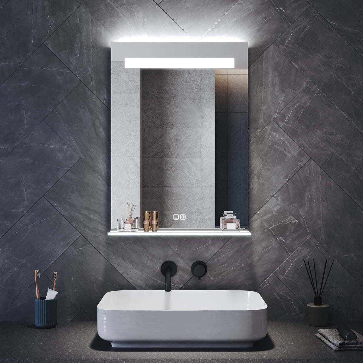Square Bathroom Mirror with Lighting, 3 Light Colors with LED-Lit Shelf, 500x 700x35mm